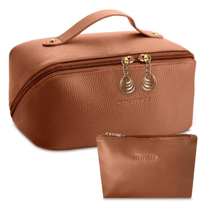 STRAPVILLA Makeup Organizer Bag for Women – Large Waterproof Makeup Pouch Bag with Wide Opening – Travel Pouches for Women, Cosmetic Organizer Bag, Makeup Kit Bag for Travel & Daily Use - Tan STRAPVILLA Makeup Organizer Bag for Women – Large Waterproof M