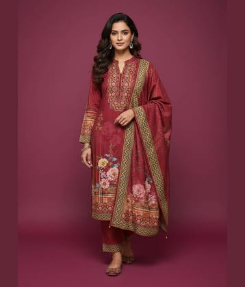 WOOL'S KART Women Woollen Printed A-line Kurti With Palazzo ( Red )