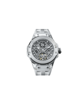 Qorum Equinox Men’s Automatic Skeleton Watch – Steel Finish Dial, Blue Detailing, White Silicon Strap
