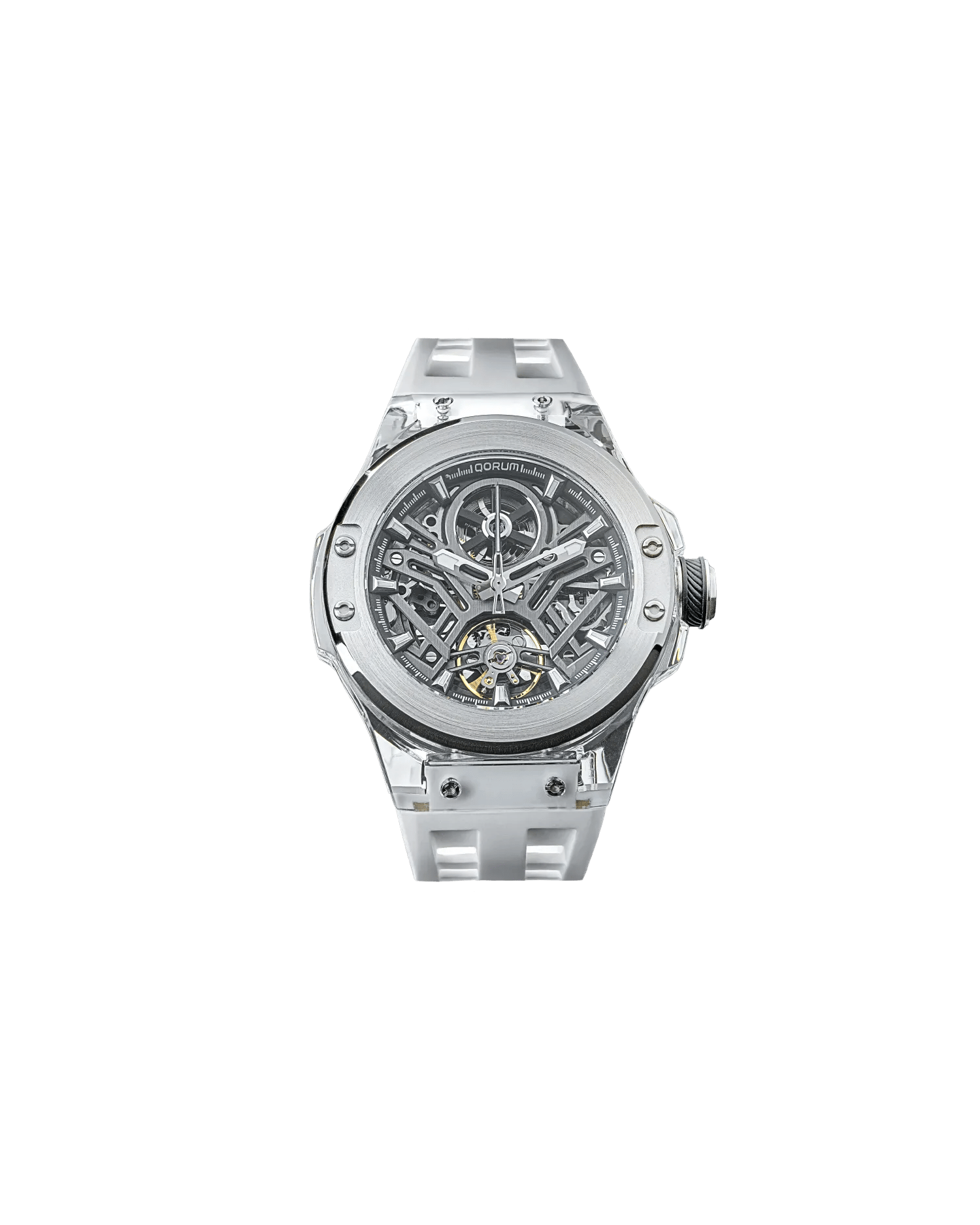 Qorum Equinox Men’s Automatic Skeleton Watch – Steel Finish Dial, Blue Detailing, White Silicon Strap