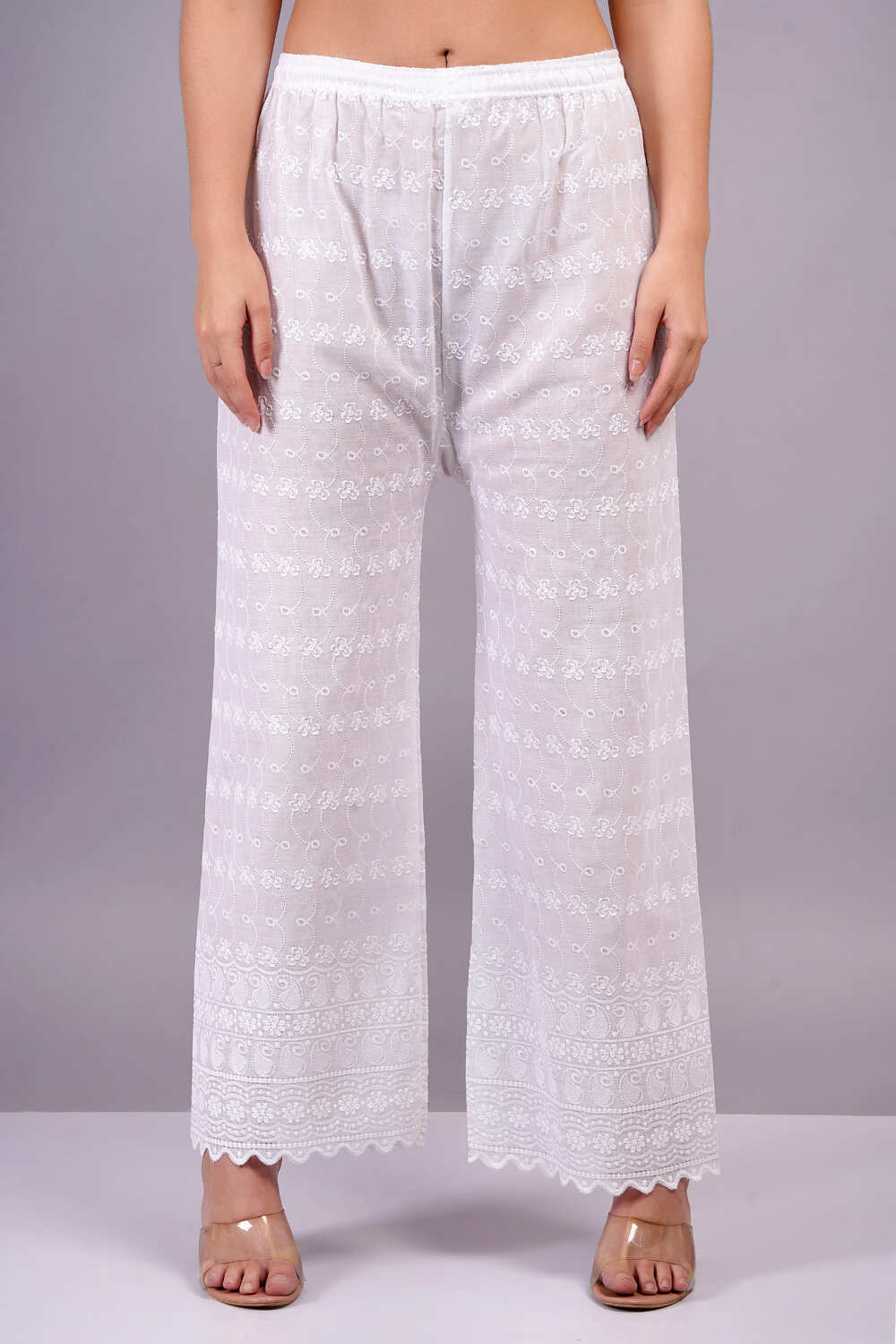 MRS RIGHT CHIKANKARI COTTON WHITE PALAZZO