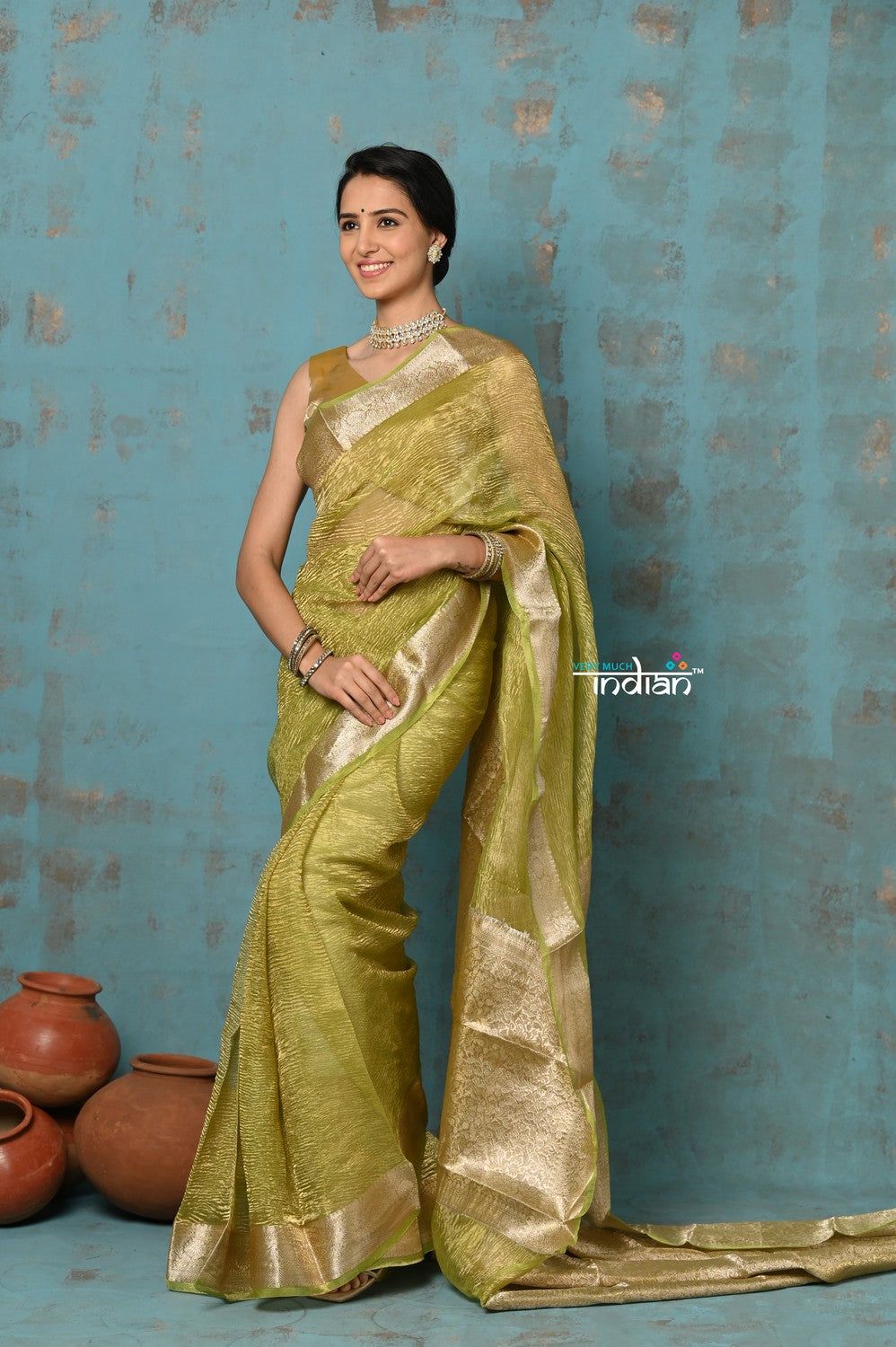 Tyohaar ~ Exclusive! Banarasi Handloom Crushed Pure Tissue Silk Saree ~ Lime Green ( Silk Mark Certified)