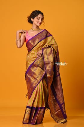 Param Sundari ~ Gadwal Pure Silk Handloom Saree in Mustard Yellow Pink Checks with Purple Border