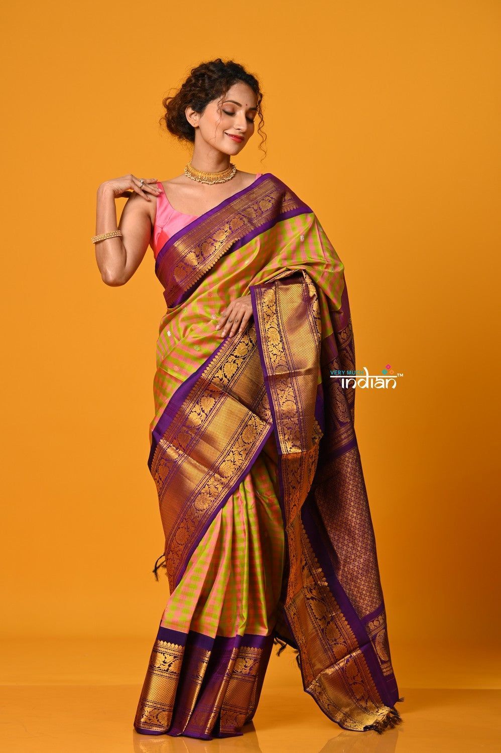 Param Sundari ~ Gadwal Pure Silk Handloom Saree in Mustard Yellow Pink Checks with Purple Border