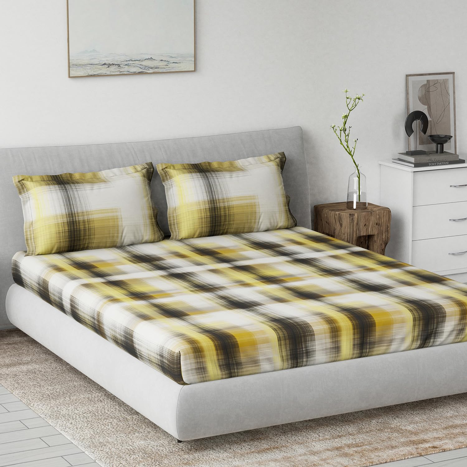 DDECOR - Primary Collection 100% Cotton Contemporary Pattern 145TC King Bedsheet |229 CM X 274 CM| with 2 Pillow Covers - Yellow