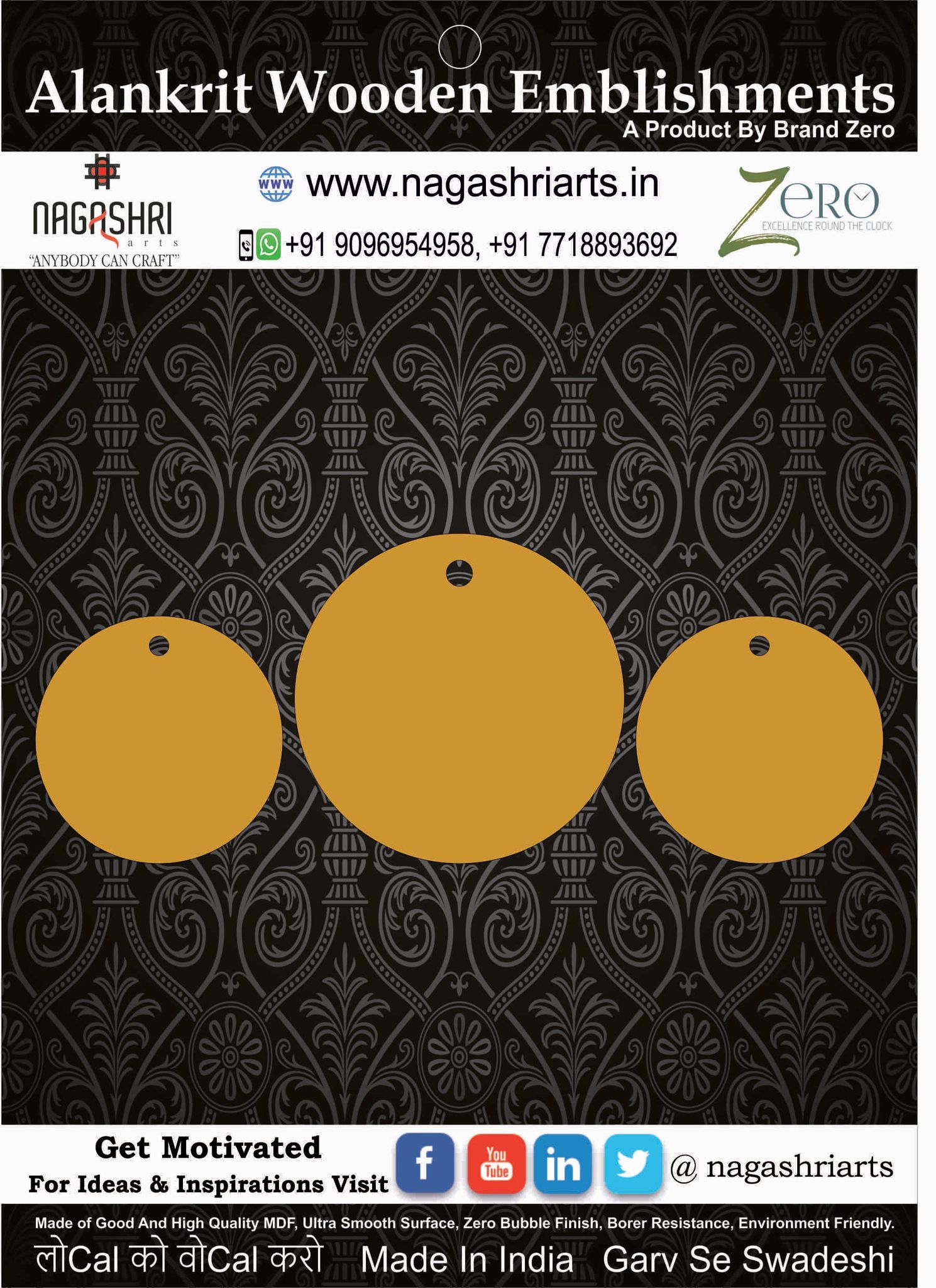 Brand Zero MDF Circle Shape Pendant And Earrings Jewelry Base - Pack of 3 Pcs