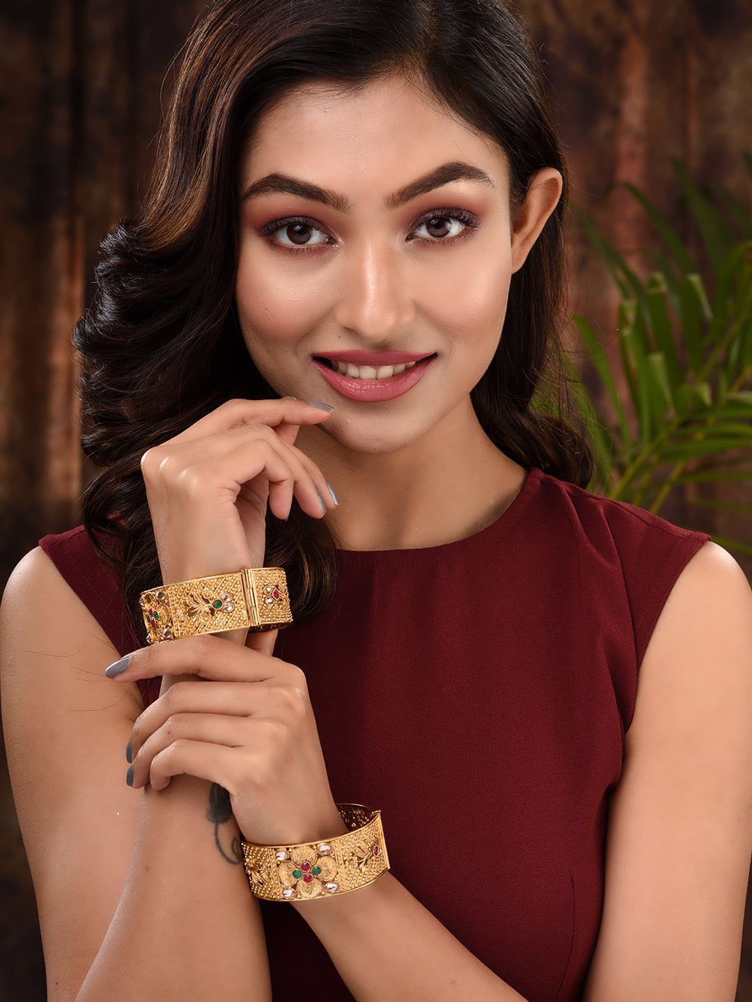 Set Of 2 Gold Plated Multi stone Studded Antique Bangles