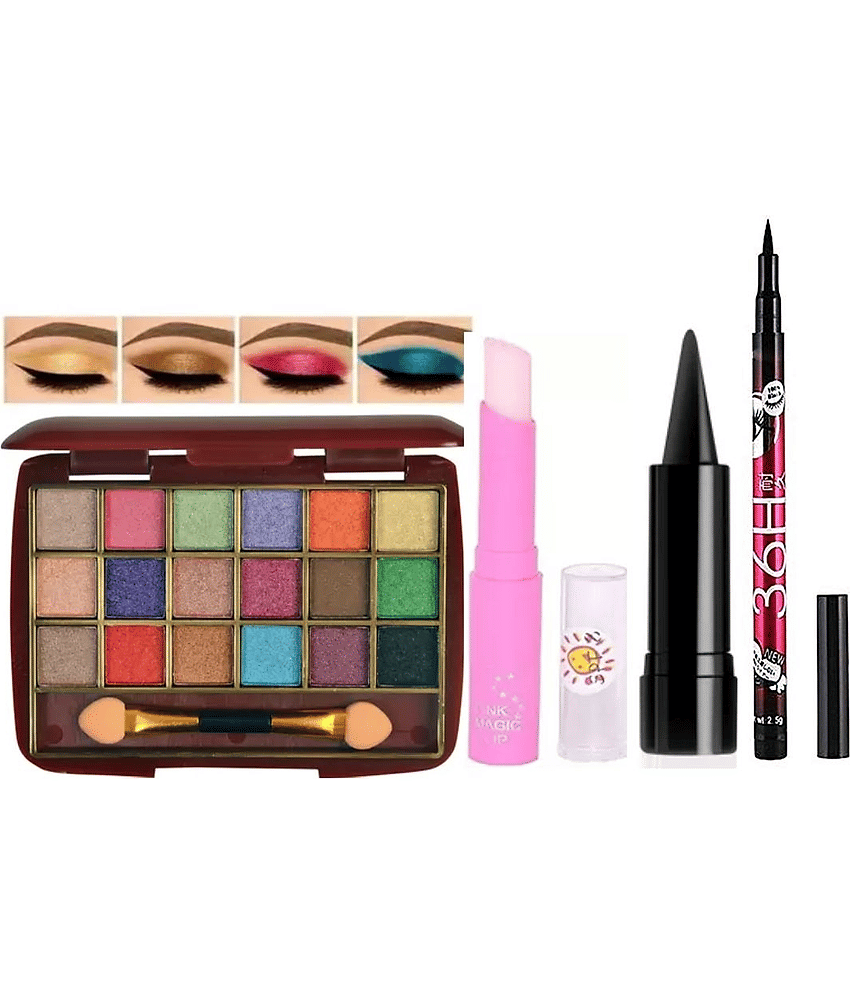 swenky eyeshadow with eyeliner bold eye kajal & color changing lip balm (Pack of 4)