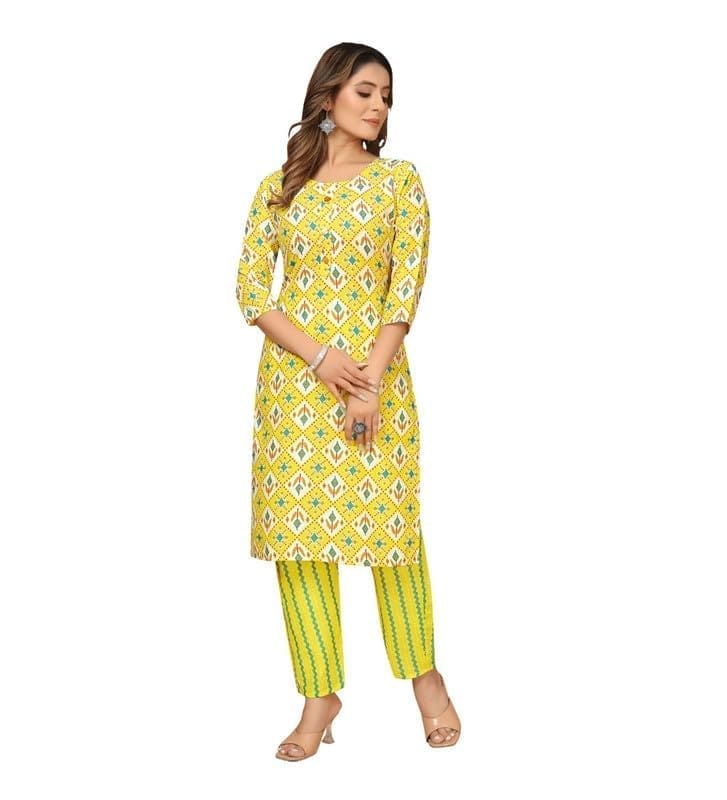 Women's Casual 3/4th Sleeve Printed Cotton Kurti Set (Yellow, L)-PID46122