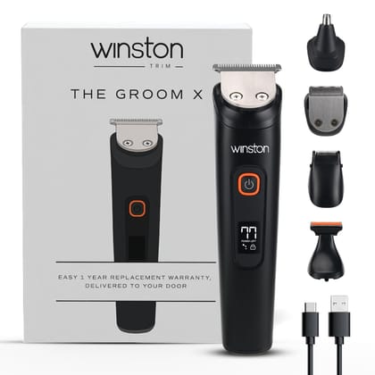 Winston Groom X 5 in 1 Grooming Set for Men with 8 Length Attachment Comb, IPX7 Waterproof Design, Fast Charging Face, Ear, Nose, Beard, Body Hair Trimmer for Men Winston Groom X 5 in 1 Grooming Set for Men with 8 Length Attachment Comb, IPX7 Waterproof 