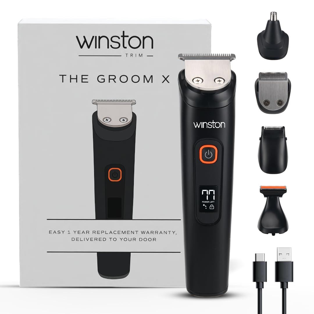 Winston Groom X 5 in 1 Grooming Set for Men with 8 Length Attachment Comb, IPX7 Waterproof Design, Fast Charging Face, Ear, Nose, Beard, Body Hair Trimmer for Men Winston Groom X 5 in 1 Grooming Set for Men with 8 Length Attachment Comb, IPX7 Waterproof 