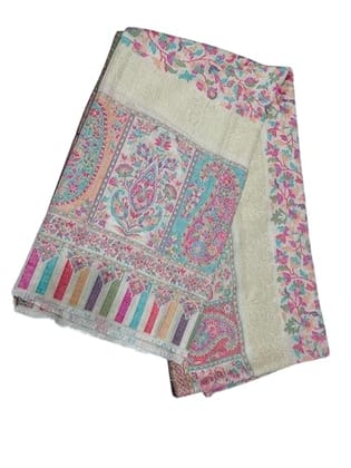 TULIP Traditional Artisians' Upliftment Livelihood Program Floral Pashmina Shawl, Pink and Turquoise Pattern, Striped Border, Cream Base TULIP Traditional Artisians' Upliftment Livelihood Program Floral Pashmina Shawl, Pink and Turquoise Pattern, Striped Border, Cream Base