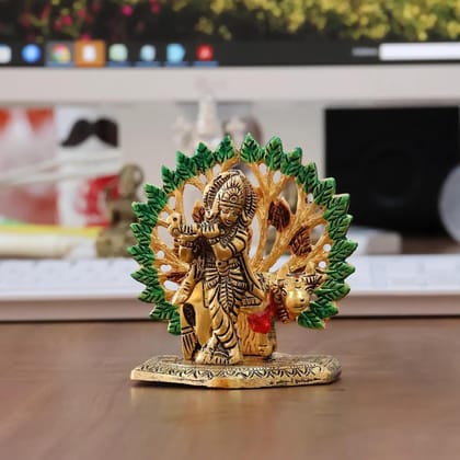 Dreamkraft Elegant Cow Krishna Idol Showpiece for Home Temple & Office Decor - Gold (10 cm x 8 cm x 10 cm)