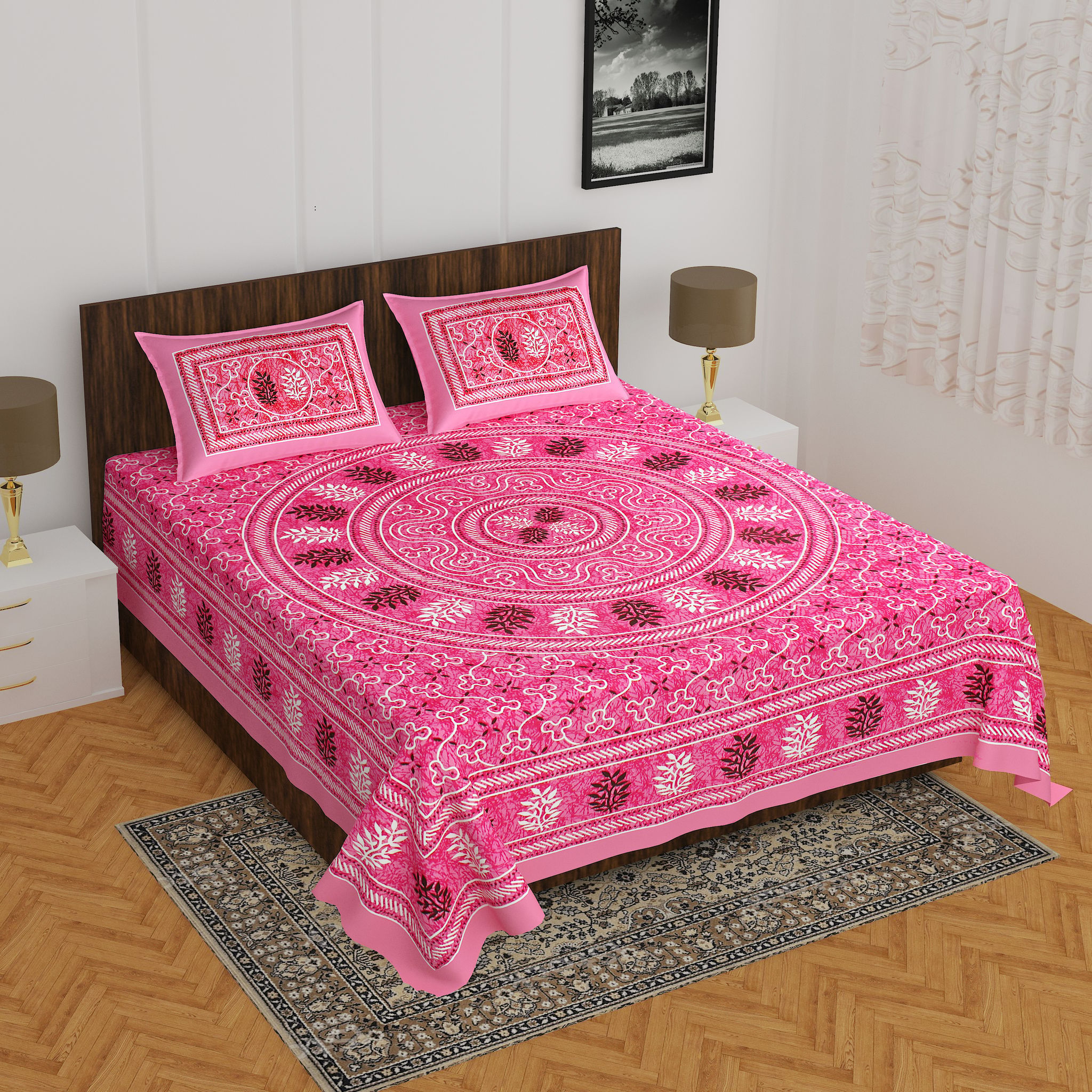 3001-Hometrade India-Standard King Size (90*108 Inches) Double Bedsheet With 2 Pillow Cover-RJ-14-Jaipur lining-3225