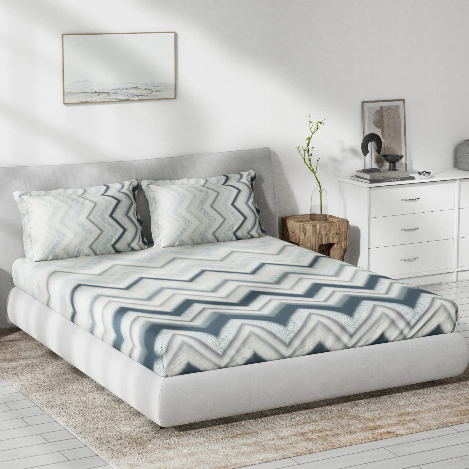 DDECOR - Primary Collection 100% Cotton Geometric Pattern 136TC King Bedsheet |229 CM X 274 CM| Blue