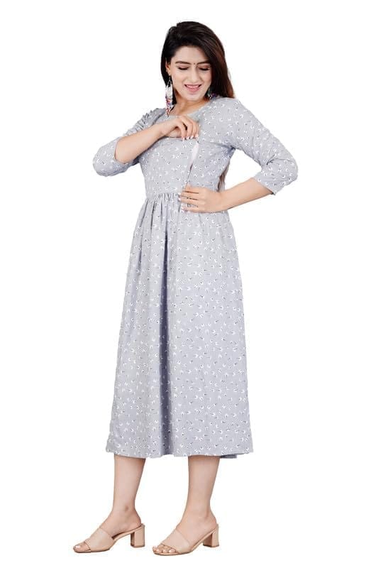 Women's Casual 3/4 Sleeve Printed Viscose Maternity Feeding Kurti (Grey, 2XL)-PID47177