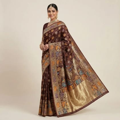 Brown Banarasi Satin Embroidered Festive Saree For Women