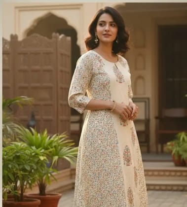 A-line Printed Kurti - Womens Pure Cotton Floral Printed Flared Kurti | Soft Breathable Daily Wear | 3/4 Sleeve Ethnic Kurta