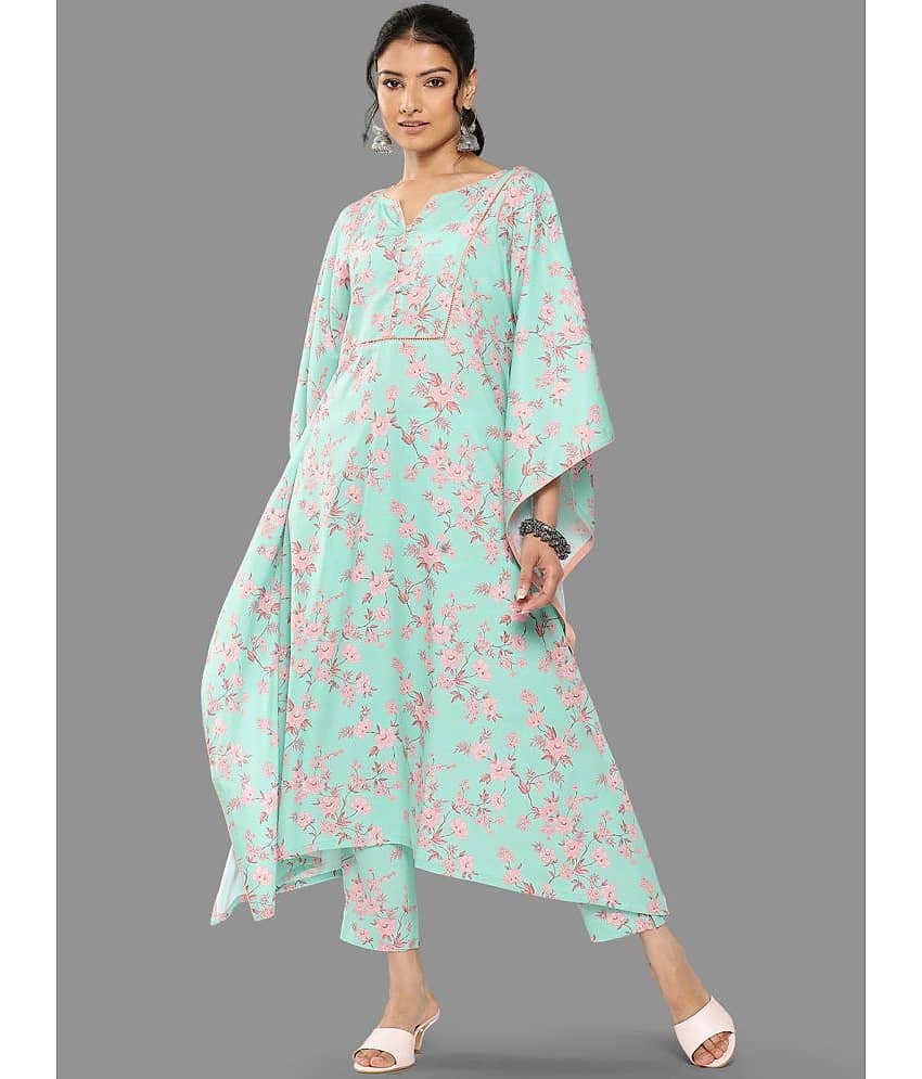 Janasya Women Printed Asymmetrical Kurti With Pants ( Sea Green )