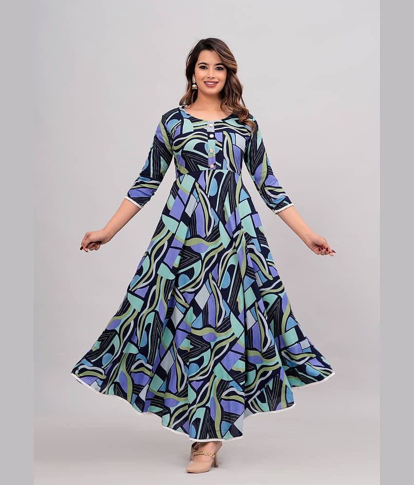 ANNEIV Rayon Printed Anarkali Women's Kurti - Blue ( Pack of 1 )