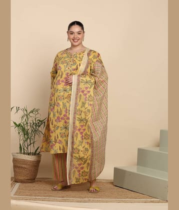 Yash Gallery Women Cotton Printed Straight Kurti With Pants ( Mustard )
