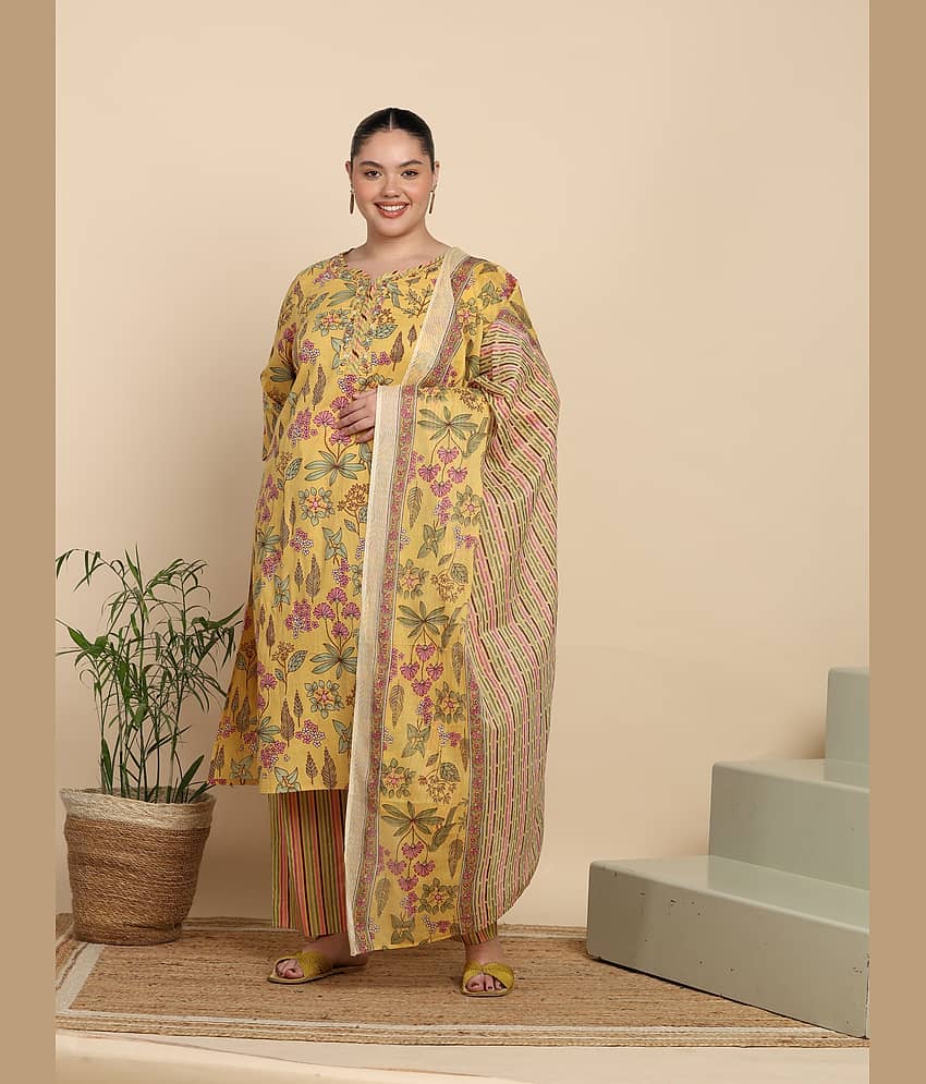 Yash Gallery Women Cotton Printed Straight Kurti With Pants ( Mustard )