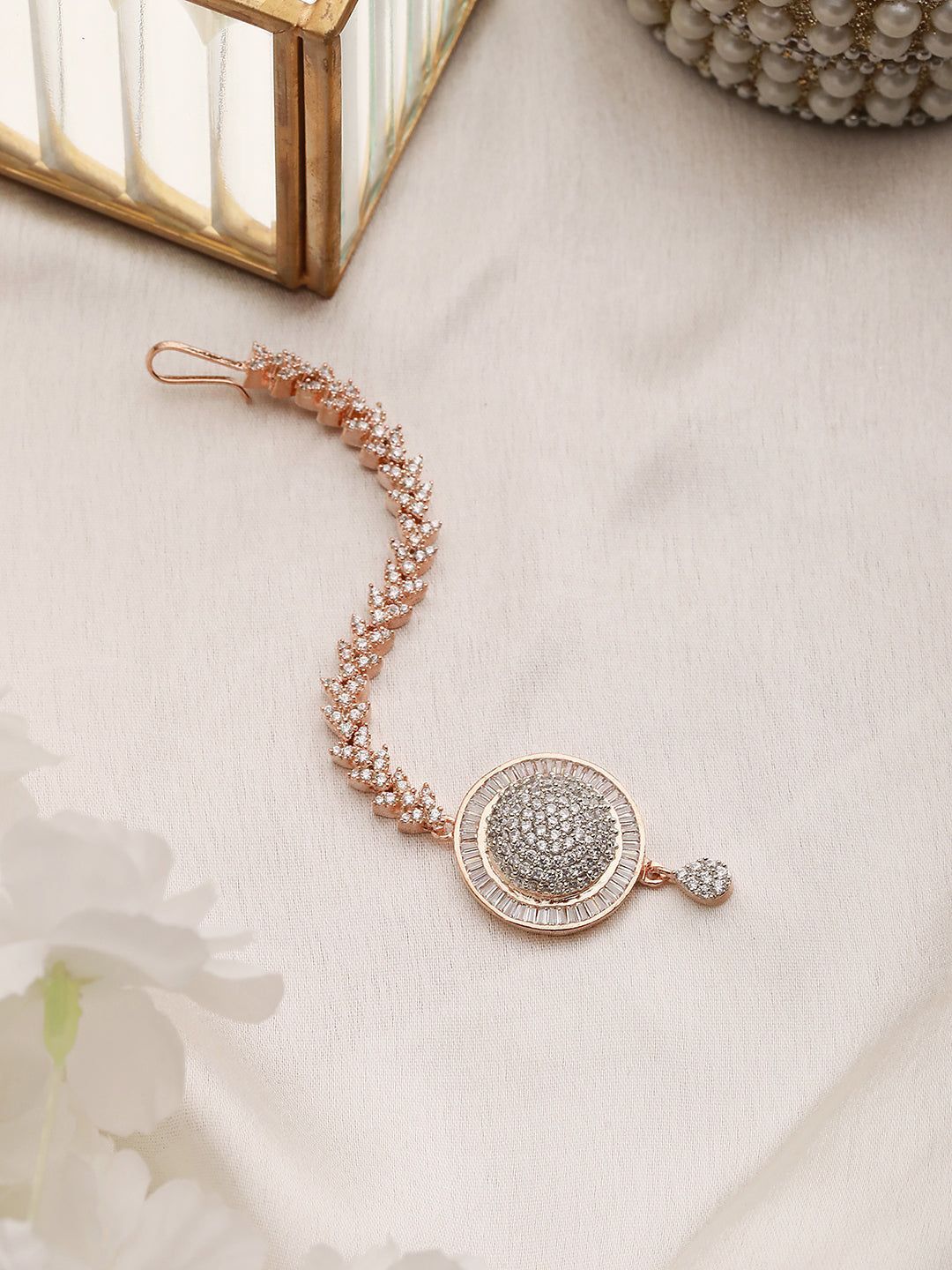 Unique Diamond clustered Maang Tikka round shaped Rose Gold plated AD studded for Women & Girls