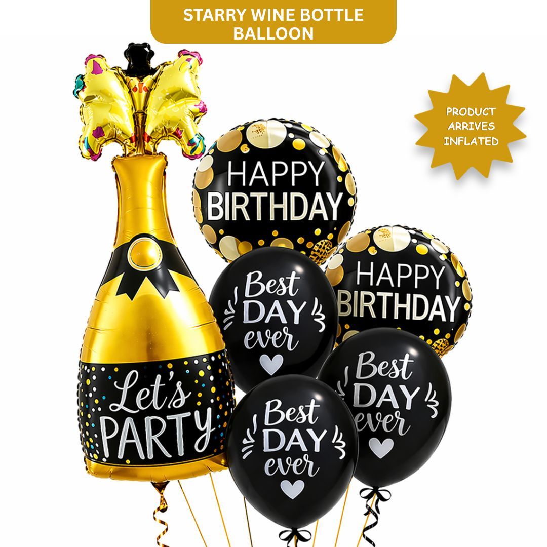 Starry Wine Bottle Helium Balloon Set of 6 (Wine Bottle + 2 Happy Birthday Round Foil + 3 Best Day Ever Black & White Balloons) | Pre-Inflated & Delivered | Birthday Decoration
