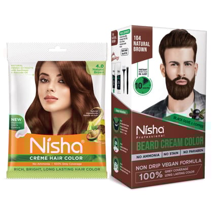 Nisha Creme Hair Colour and Beard Colour Natural Brown Combo Pack, Permanent Hair Color 40g and Beard Color for Men 120g