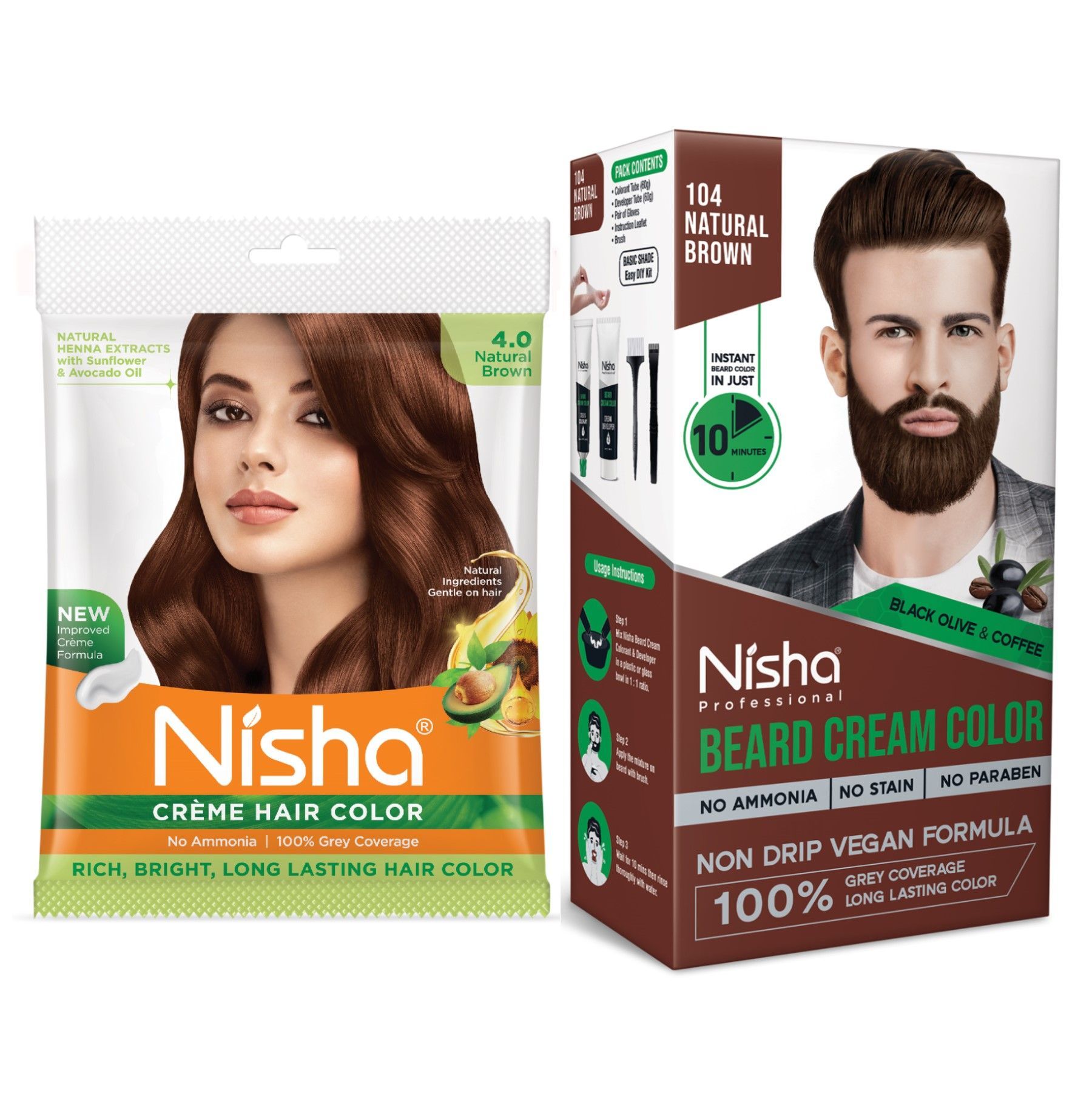 Nisha Creme Hair Colour and Beard Colour Natural Brown Combo Pack, Permanent Hair Color 40g and Beard Color for Men 120g