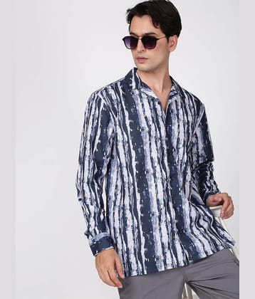 IVOC Poly Cotton Relaxed Fit Printed Full Sleeves Cuban Collar Men's Casual Shirt (Blue)