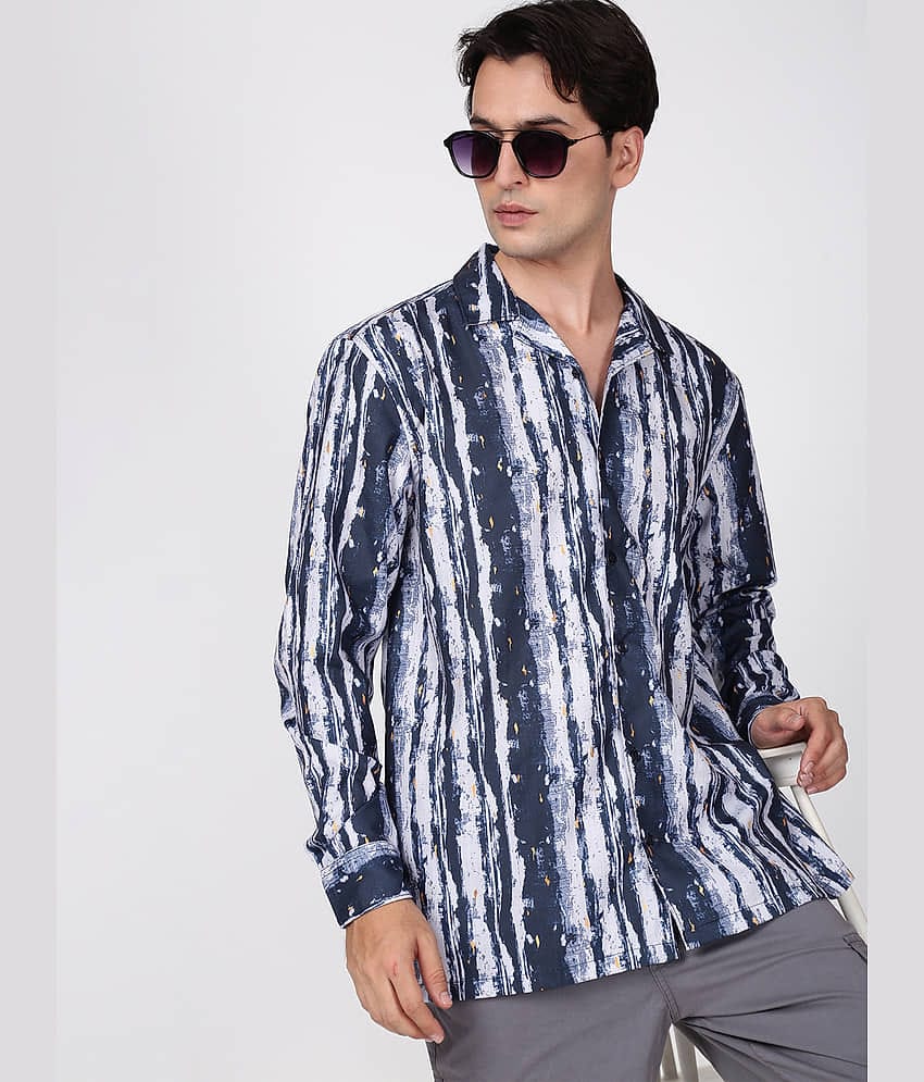 IVOC Poly Cotton Relaxed Fit Printed Full Sleeves Cuban Collar Men's Casual Shirt (Blue)