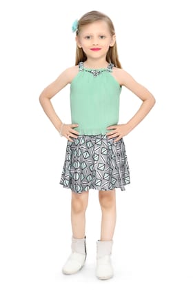 Be:Kids Enchanted Summer Green Pleated Tank Top and Printed Skater Skirt Set Be:Kids Enchanted Summer Green Pleated Tank Top and Printed Skater Skirt Set