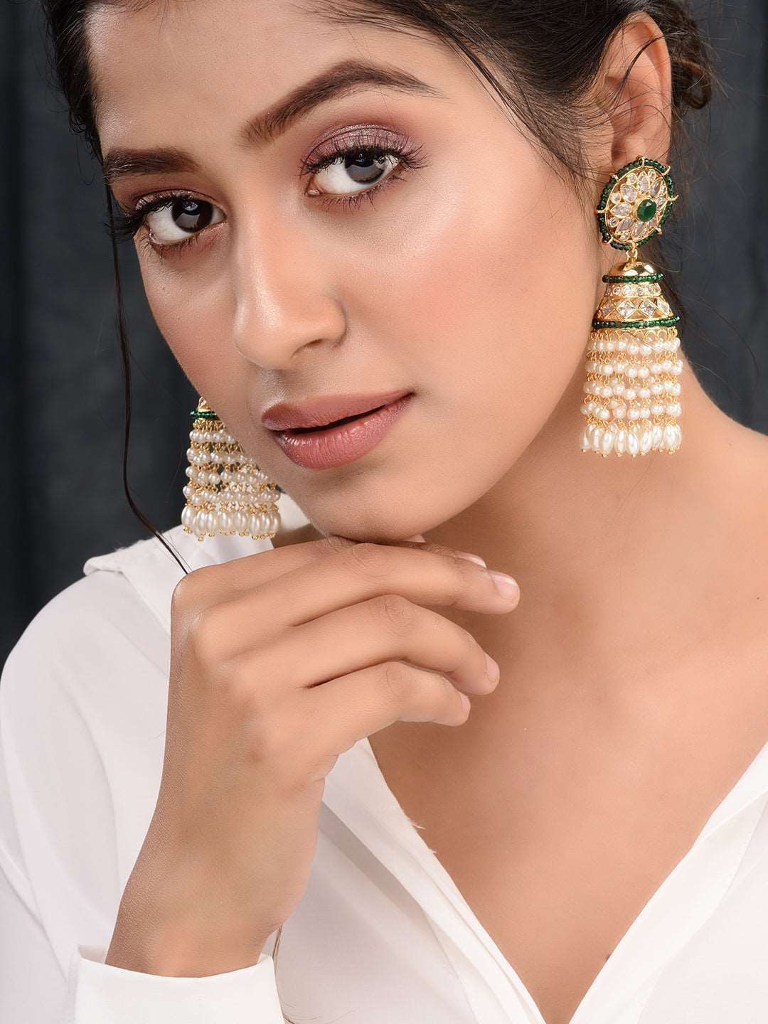 Gold plated Polki Studded Pearl Drops Jhumka Earrings