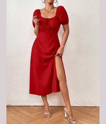 Aahwan Women Polyester Solid A-line Dress ( Maroon )