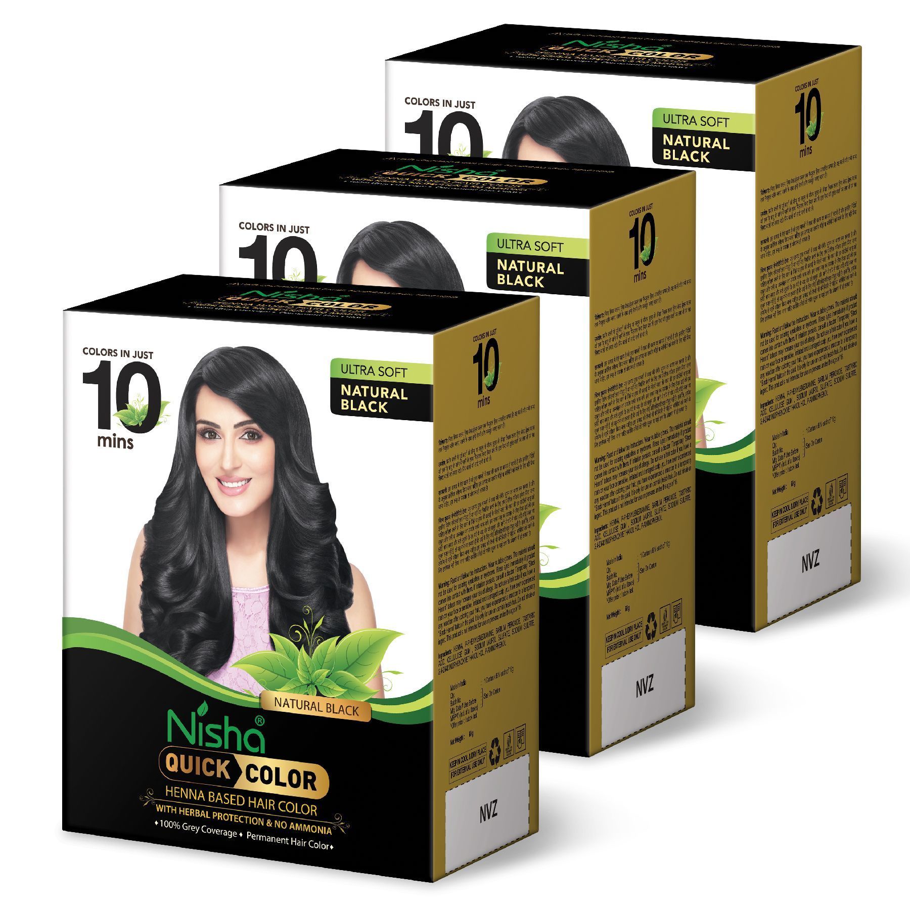 Nisha Quick Color 10 Minute Henna Based Hair Colour Natural Black Hair Dye 60g Pack of 3, No Ammonia, 100% Grey Coverage