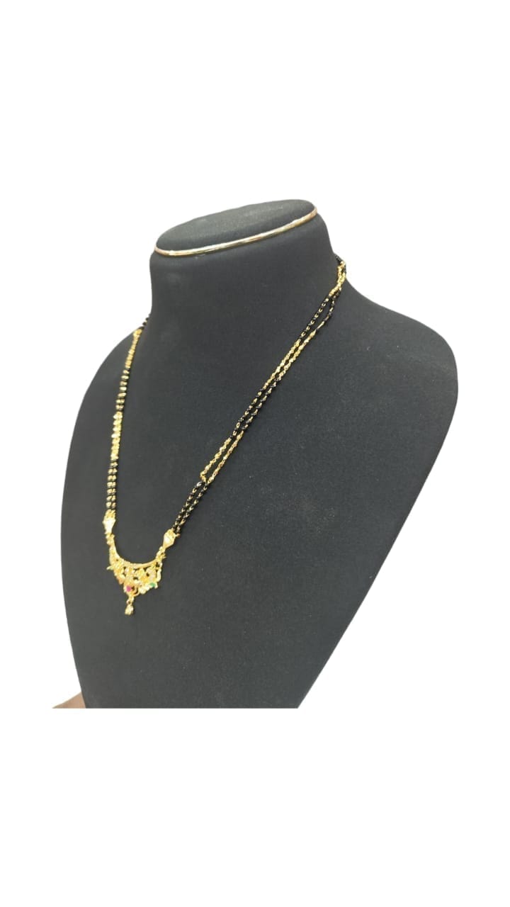 Gold Mangalsutra Necklace for Women with Black Beads and Floral Pendant