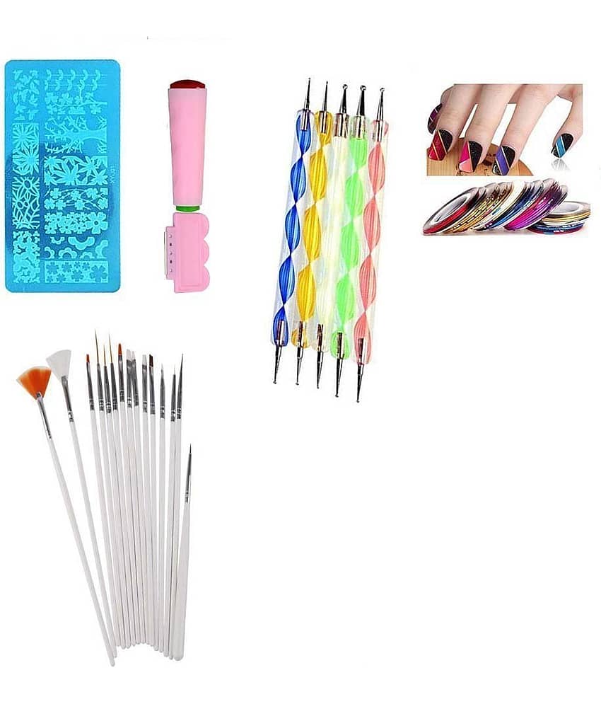 FOK 15 Pc Nail brush Set Nails 33 no.s 10 Pc Stripping Roll Tape 5 Pc Dotting Tool Set