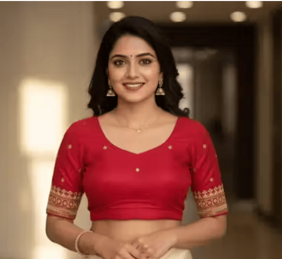 Red Cotton Silk Embroidered Elbow Sleeve V-Neck Padded Blouse for Women