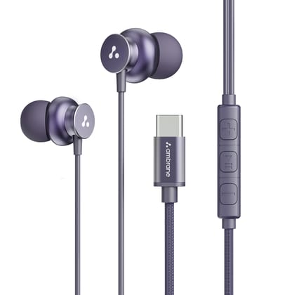 Ambrane Type C Wired in Ear Earphones with in-Line Mic for Clear Calling,1.2M Cable,10Mm Dynamic Drivers for Boostedbass,Control Buttons for iPhone 15,Samsung&Type C Devices (Stringz 38C, Purple)