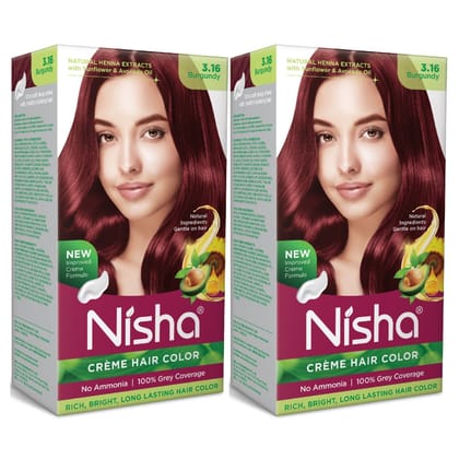 Nisha Creme Hair Color Burgundy 60g Pack of 2, Permanent Hair Colour, No Ammonia, 100% Grey Coverage
