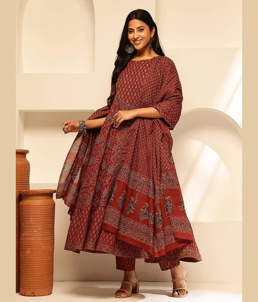 Vbuyz Cotton Printed Kurti With Pants Women's Stitched Salwar Suit - Maroon ( Pack of 1 )