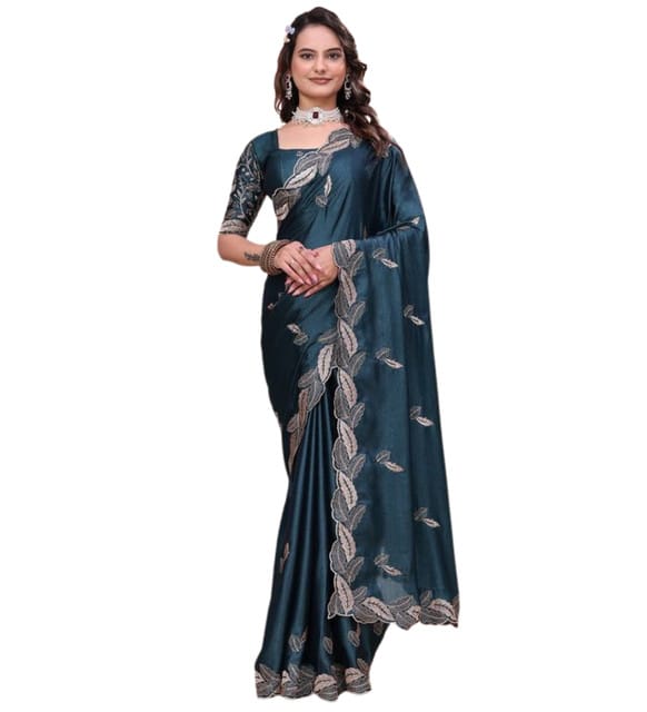 GENERIC Women's Georgette Embroidered Saree With Unstitched Blouse 5.5Mtr (Teal)-PID67445