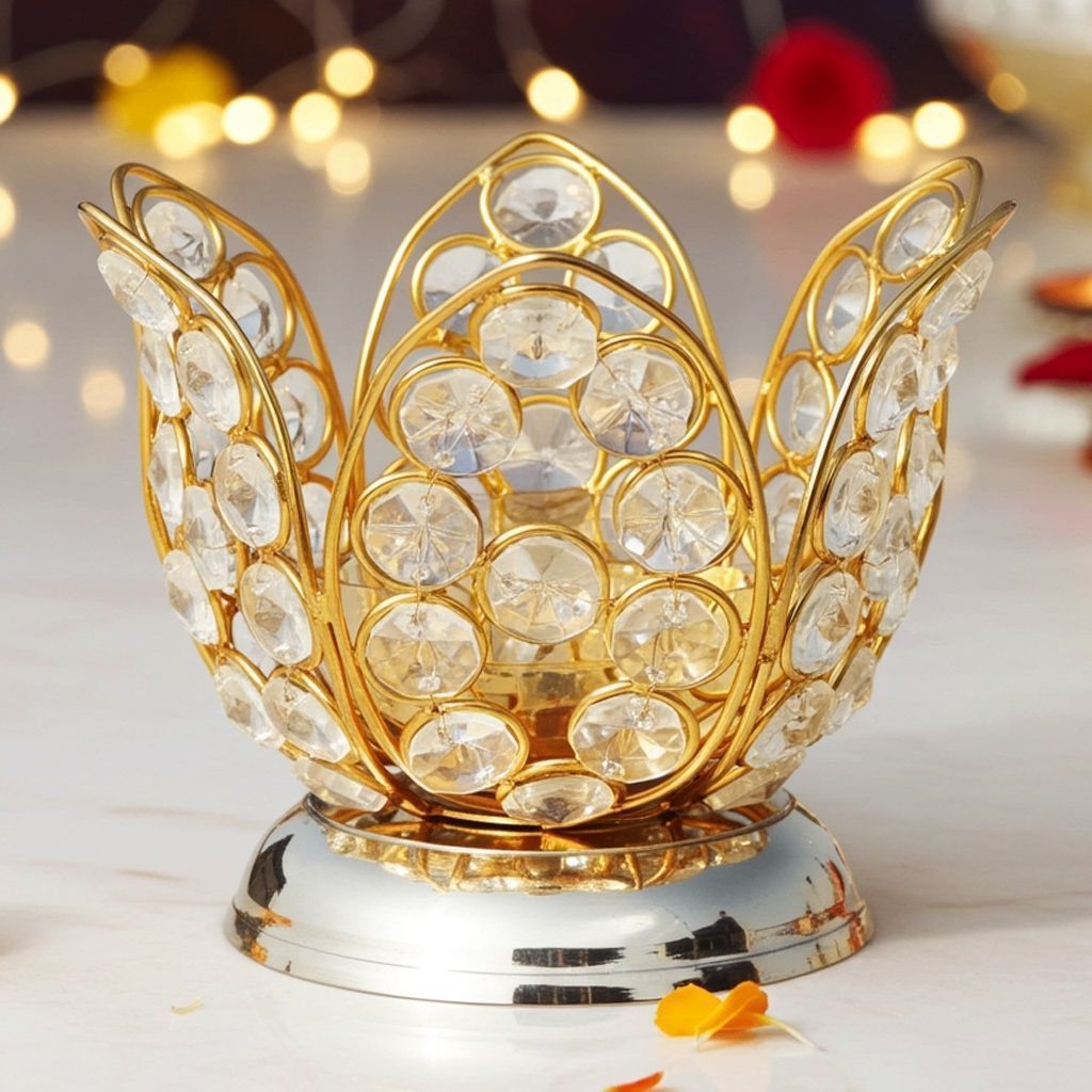 Brass Table Decor Oil Lamp Deepak With Crystal  - Premium Oil Lamp for Mandir, Height : 4.2 Inch (ZMAS163 D)