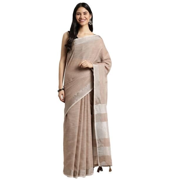 DARSHANS Women's Linen Cotton Printed Saree With Unstitched Blouse 5.5Mtr (Beige)-PID65231