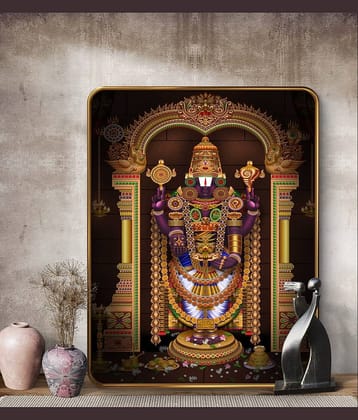 SAF Lord Venkateswara Balaji Wall Painting | Golden Frame Sparkle Laminated MDF Poster | Tirupati Balaji Hindu God Art for Home Temple Pooja Room | Spiritual Gift Decorative Wall Frame