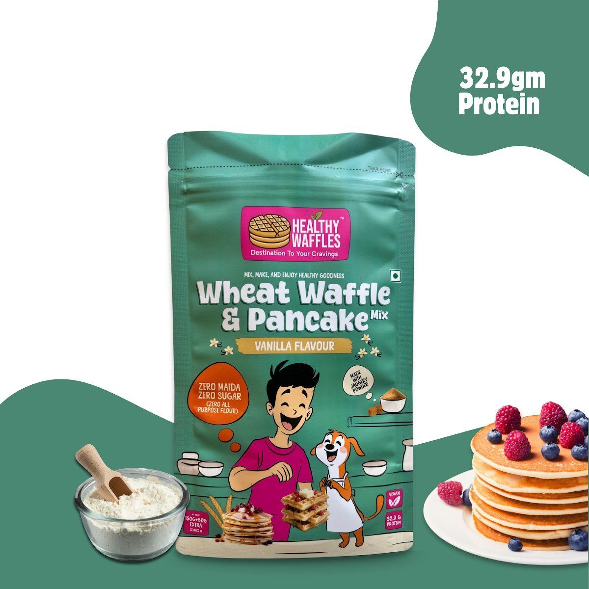 Healthy Waffles Wheat Waffle & Pancake Mix (1kg) | Vanilla Flavour | Zero Maida & Sugar | Healthy Breakfast