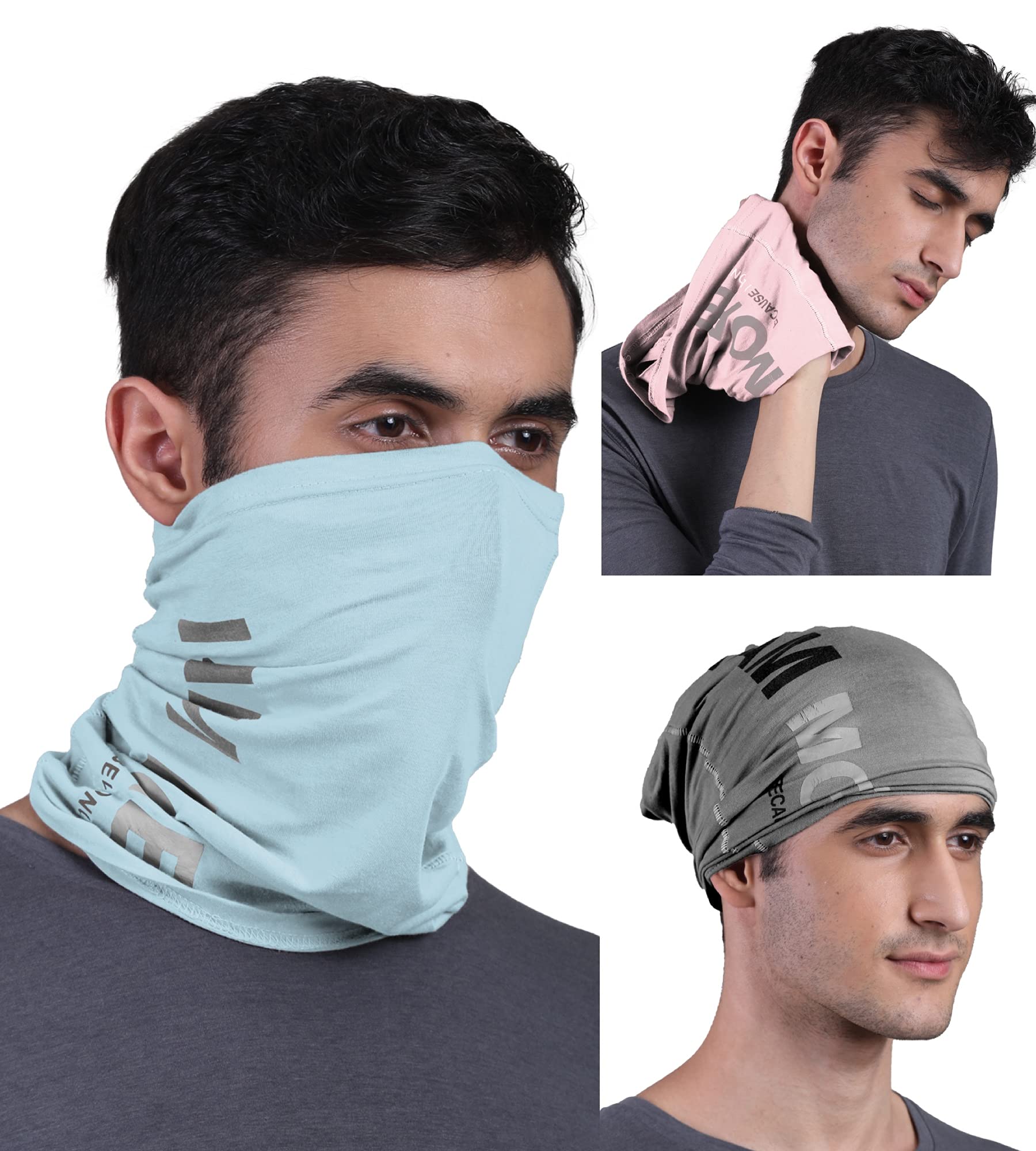 FREECULTR Unisex Bamboo Bandana, Anti Microbial Super Soft & Comfort Fit, Breathable Multipurpose Headband - Printed Pack of 3-Chalk Blue,Charcoal,Pastle Peach