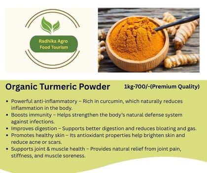 Radhika Agro Organic Turmeric Powder (1kg) | Premium Quality High Curcumin Haldi | Immunity Booster | Natural Spice for Cooking & Skin