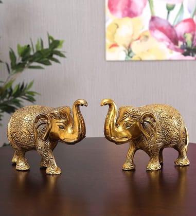 DreamKraft Metal Elephant Statue Small Size Gold Polish, 2 Pcs Set